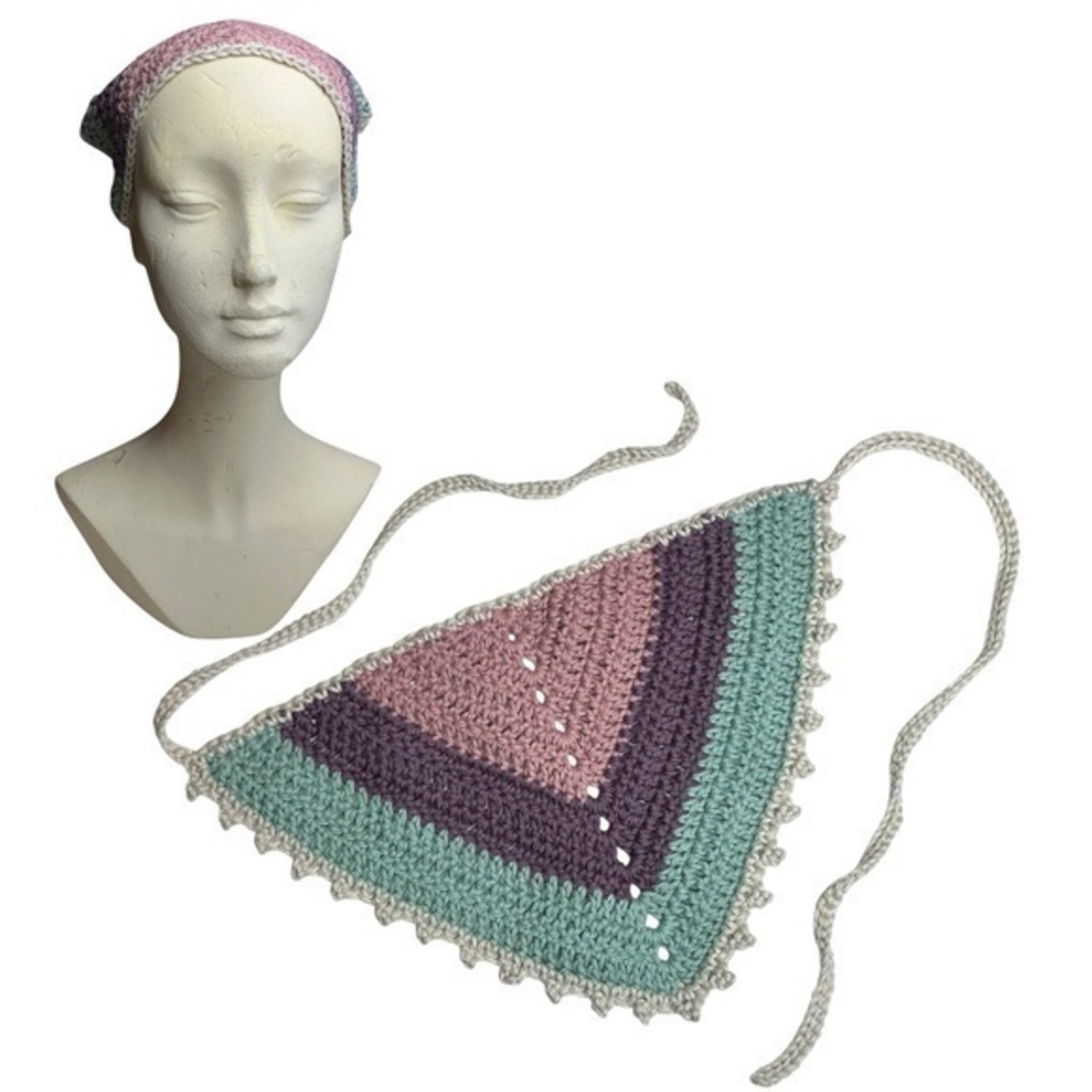 Multicolor Crochet Triangle Bandana Headscarf Handcrafted Handmade Cotton Boho